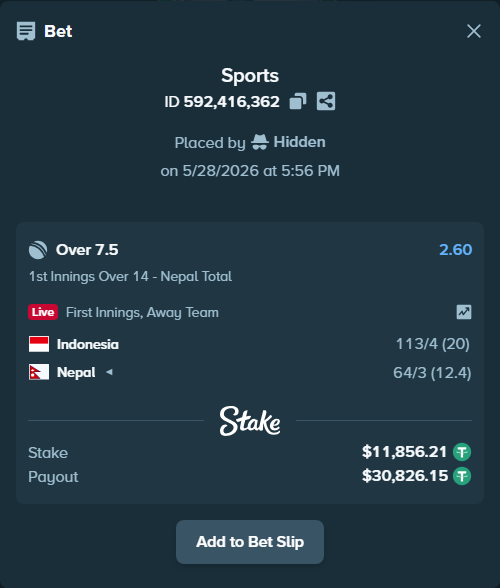 Bet slip: Indonesia - Nepal, $11,879.92 stake at 2.60 odds, placed by Hidden