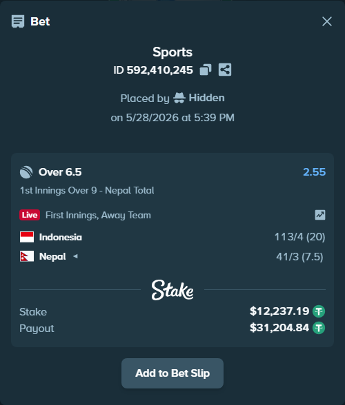 Bet slip: Indonesia - Nepal, $12,261.67 stake at 2.55 odds, placed by Hidden