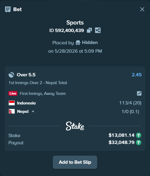Bet slip: Indonesia - Nepal, $13,107.30 stake at 2.45 odds, placed by Hidden