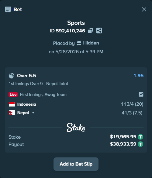 Bet slip: Indonesia - Nepal, $20,005.88 stake at 1.95 odds, placed by Hidden