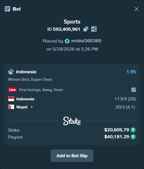 Bet slip: Indonesia - Nepal, $20,647.00 stake at 1.95 odds, placed by mridul365365