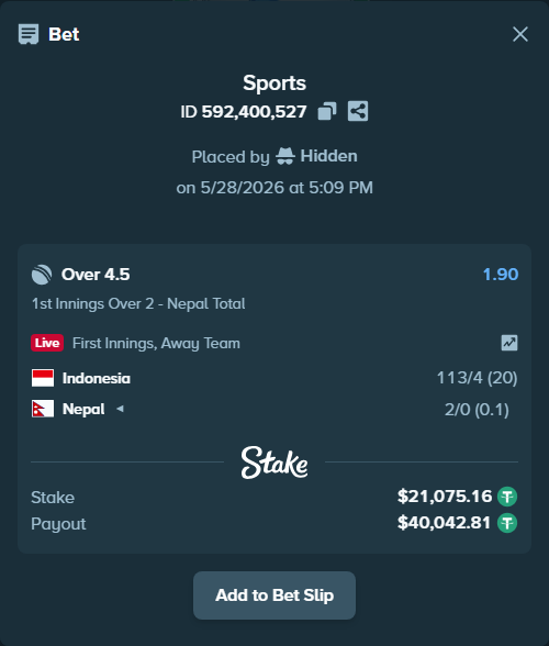Bet slip: Indonesia - Nepal, $21,117.32 stake at 1.90 odds, placed by Hidden