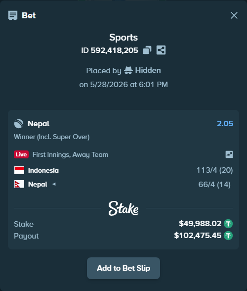 Bet slip: Indonesia - Nepal, $50,088.00 stake at 2.05 odds, placed by Hidden