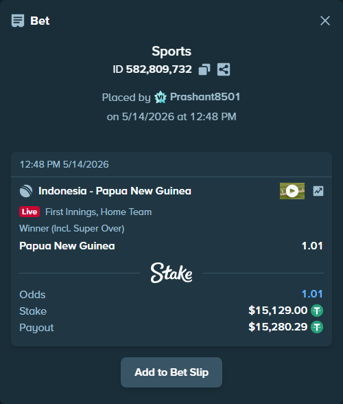 Bet slip: Indonesia - Papua New Guinea, $15,129.00 stake at 1.01 odds, placed by Prashant8501
