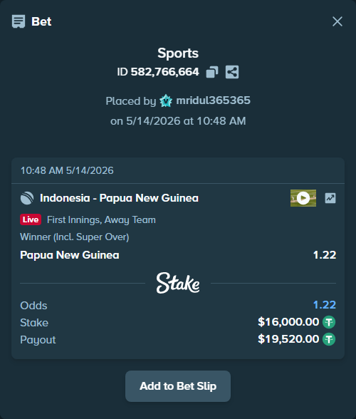 Bet slip: Indonesia - Papua New Guinea, $16,000.00 stake at 1.22 odds, placed by mridul365365