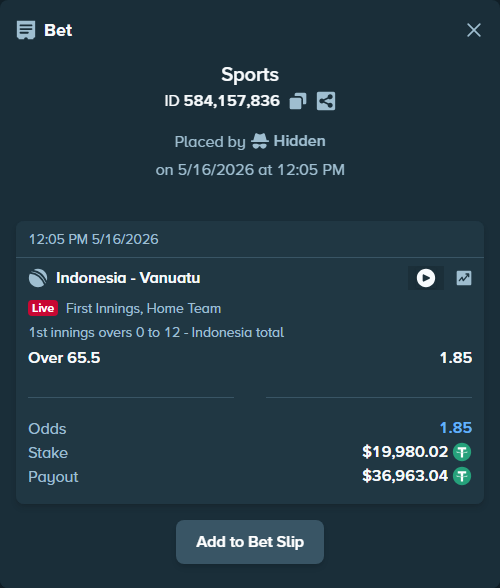 Bet slip: Indonesia - Vanuatu, $20,000.00 stake at 1.85 odds, placed by Hidden