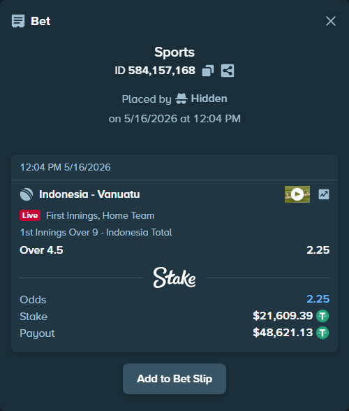 Bet slip: Indonesia - Vanuatu, $21,631.00 stake at 2.25 odds, placed by Hidden