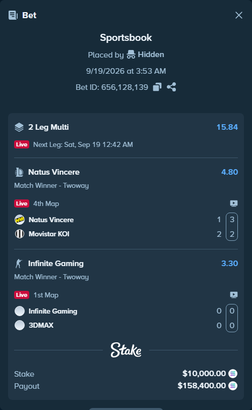 Bet slip: Infinite Gaming - 3DMAX, $10,137.88 stake at 3.30 odds, placed by Hidden