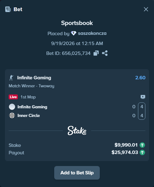 Bet slip: Infinite Gaming - Inner Circle, $10,000.00 stake at 2.60 odds, placed by saszakoncza