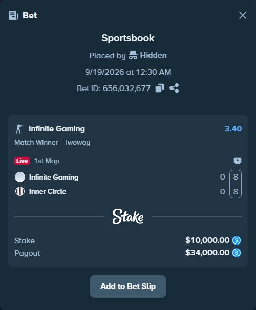 Bet slip: Infinite Gaming - Inner Circle, $10,000.00 stake at 3.40 odds, placed by Hidden