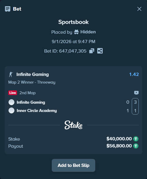 Bet slip: Infinite Gaming - Inner Circle Academy, $40,000.00 stake at 1.42 odds, placed by Hidden