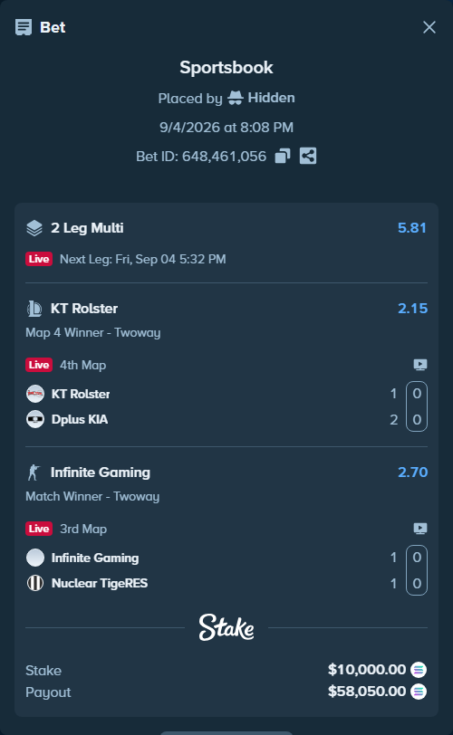 Bet slip: Infinite Gaming - Nuclear TigeRES, $10,042.16 stake at 2.70 odds, placed by Hidden