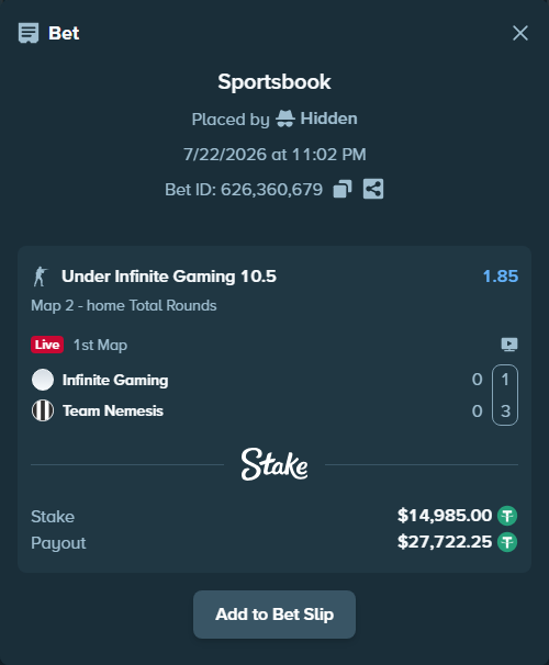 Bet slip: Infinite Gaming - Team Nemesis, $14,999.98 stake at 1.85 odds, placed by Hidden