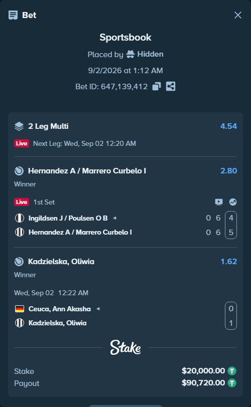 Bet slip: Ingildsen J / Poulsen O B - Hernandez A / Marrero Curbelo I, $20,000.00 stake at 2.80 odds, placed by Hidden