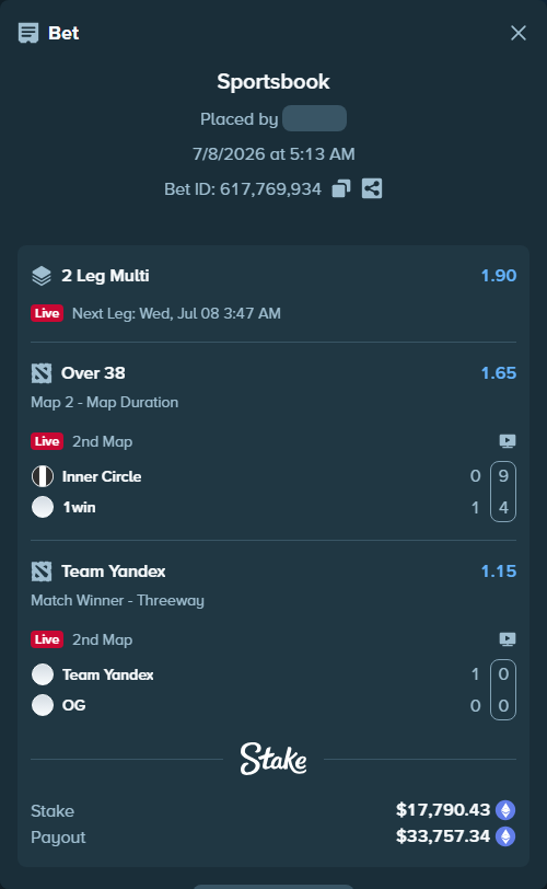 Bet slip: Inner Circle - 1win, $19,024.90 stake at 1.65 odds, placed by Warcholizd