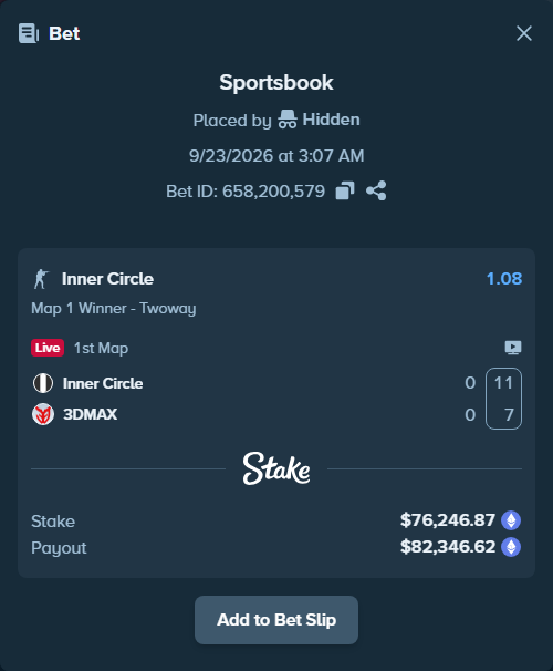 Bet slip: Inner Circle - 3DMAX, $76,868.56 stake at 1.08 odds, placed by Hidden