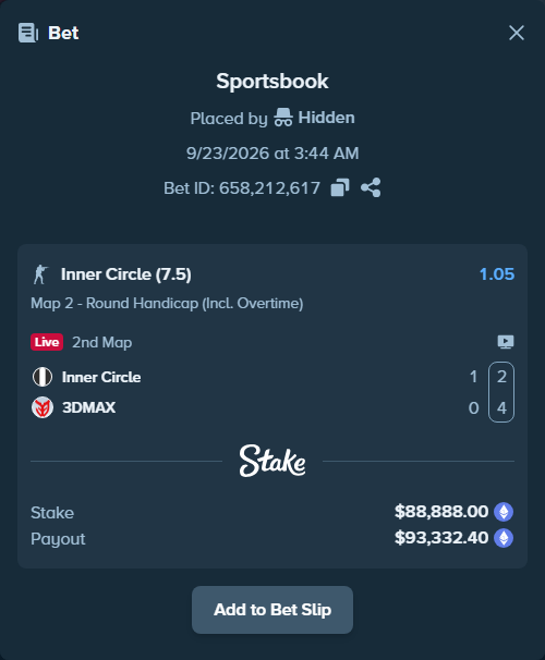 Bet slip: Inner Circle - 3DMAX, $88,745.35 stake at 1.05 odds, placed by Hidden