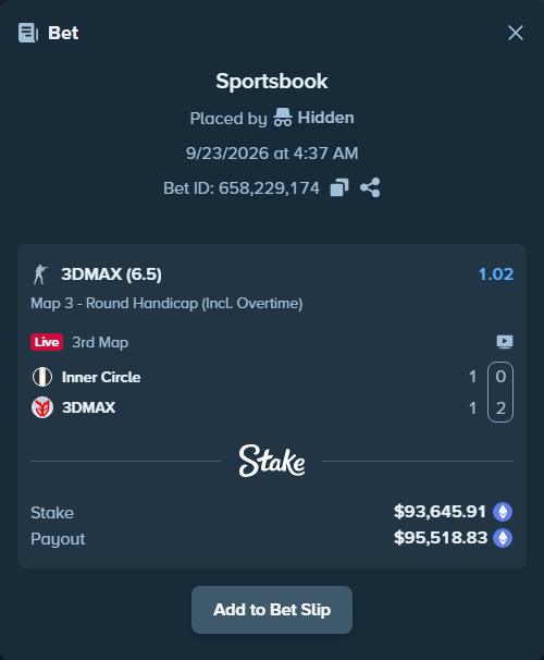 Bet slip: Inner Circle - 3DMAX, $93,624.40 stake at 1.02 odds, placed by Hidden