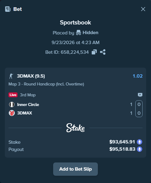 Bet slip: Inner Circle - 3DMAX, $93,650.16 stake at 1.02 odds, placed by Hidden