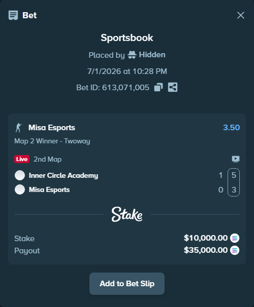 Bet slip: Inner Circle Academy - Misa Esports, $11,042.30 stake at 3.50 odds, placed by Hidden