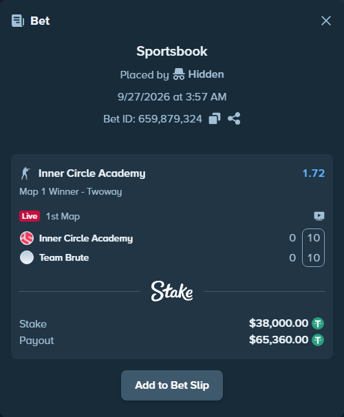 Bet slip: Inner Circle Academy - Team Brute, $38,000.00 stake at 1.72 odds, placed by Hidden