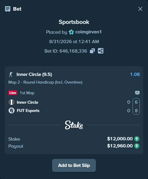Bet slip: Inner Circle - FUT Esports, $12,000.00 stake at 1.08 odds, placed by colmgirvan1