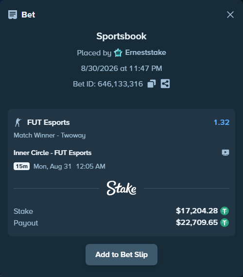 Bet slip: Inner Circle - FUT Esports, $17,204.28 stake at 1.32 odds, placed by Erneststake