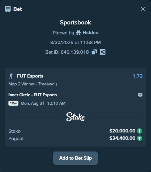 Bet slip: Inner Circle - FUT Esports, $20,000.00 stake at 1.72 odds, placed by Hidden