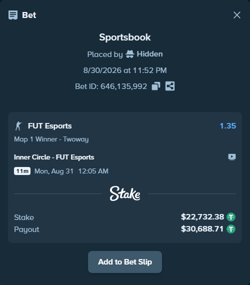 Bet slip: Inner Circle - FUT Esports, $22,732.38 stake at 1.35 odds, placed by Hidden