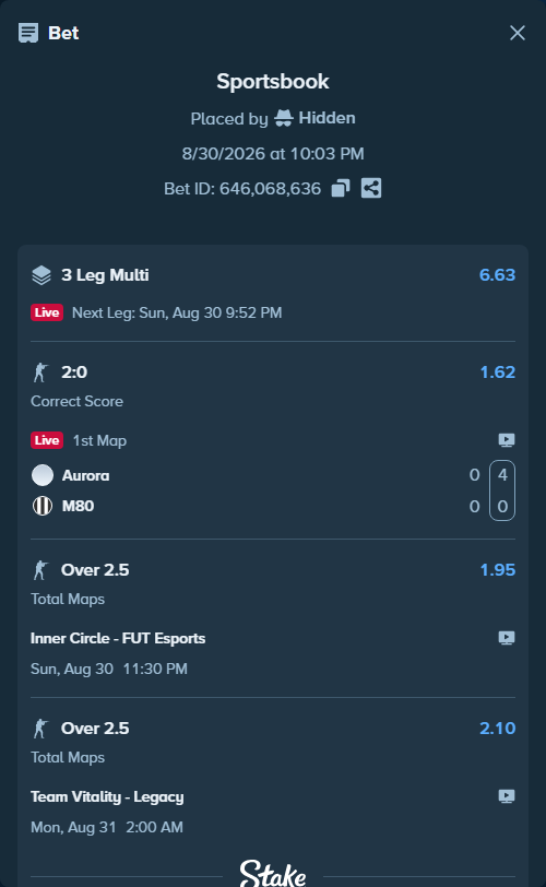 Bet slip: Inner Circle - FUT Esports, $50,000.00 stake at 1.95 odds, placed by Hidden