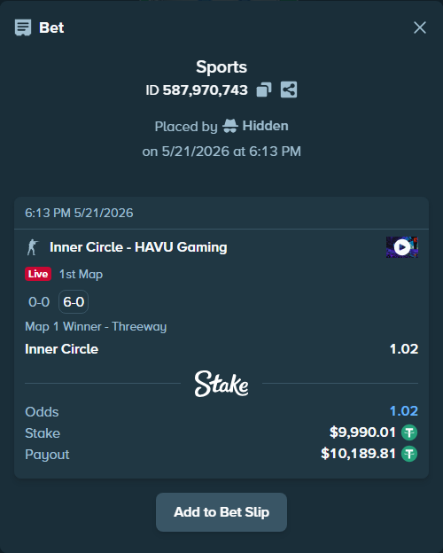 Bet slip: Inner Circle - HAVU Gaming, $10,000.00 stake at 1.02 odds, placed by Hidden