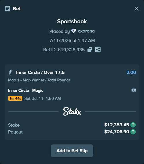 Bet slip: Inner Circle - Magic, $12,365.80 stake at 2.00 odds, placed by oxorona