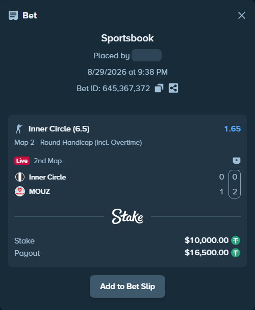 Bet slip: Inner Circle - MOUZ, $10,000.00 stake at 1.65 odds, placed by fantasy7788