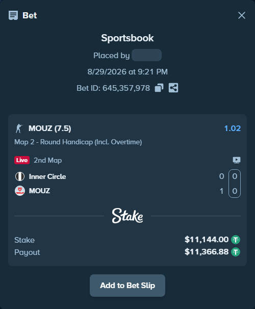 Bet slip: Inner Circle - MOUZ, $11,144.00 stake at 1.02 odds, placed by Erneststake