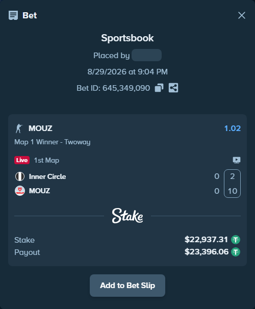 Bet slip: Inner Circle - MOUZ, $22,937.31 stake at 1.02 odds, placed by Erneststake