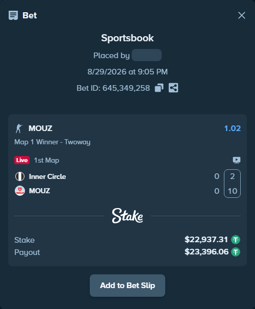 Bet slip: Inner Circle - MOUZ, $22,937.31 stake at 1.02 odds, placed by Erneststake