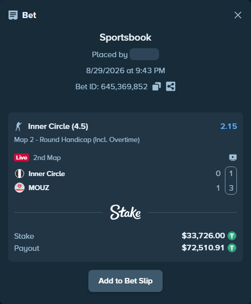 Bet slip: Inner Circle - MOUZ, $33,726.00 stake at 2.15 odds, placed by Mnt41