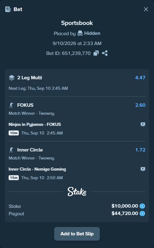 Bet slip: Inner Circle - Nemiga Gaming, $10,000.00 stake at 1.72 odds, placed by Hidden