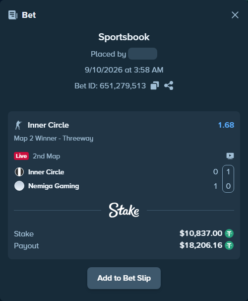 Bet slip: Inner Circle - Nemiga Gaming, $10,837.00 stake at 1.68 odds, placed by saszakoncza