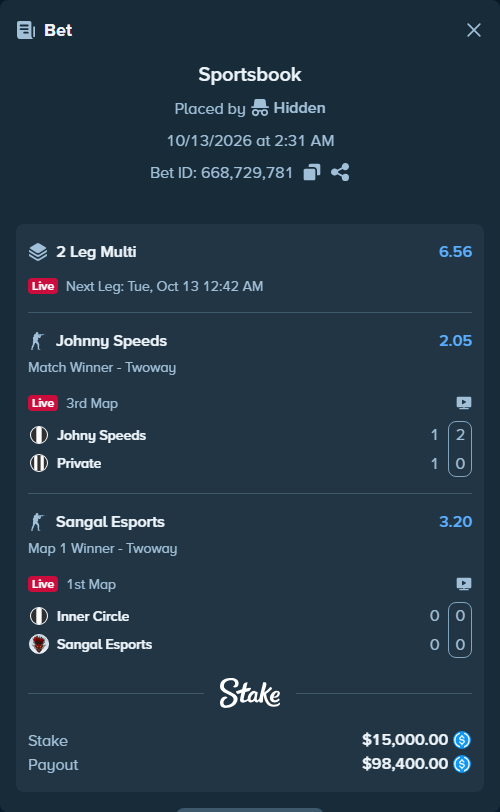 Bet slip: Inner Circle - Sangal Esports, $15,000.00 stake at 3.20 odds, placed by Hidden