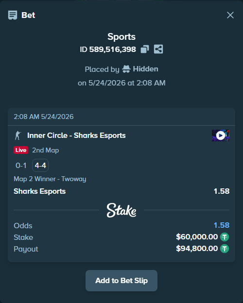 Bet slip: Inner Circle - Sharks Esports, $60,060.00 stake at 1.58 odds, placed by Hidden