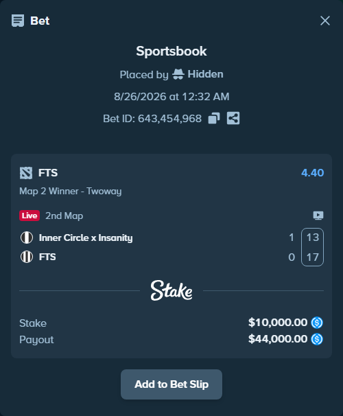 Bet slip: Inner Circle x Insanity - FTS, $10,000.00 stake at 4.40 odds, placed by Hidden