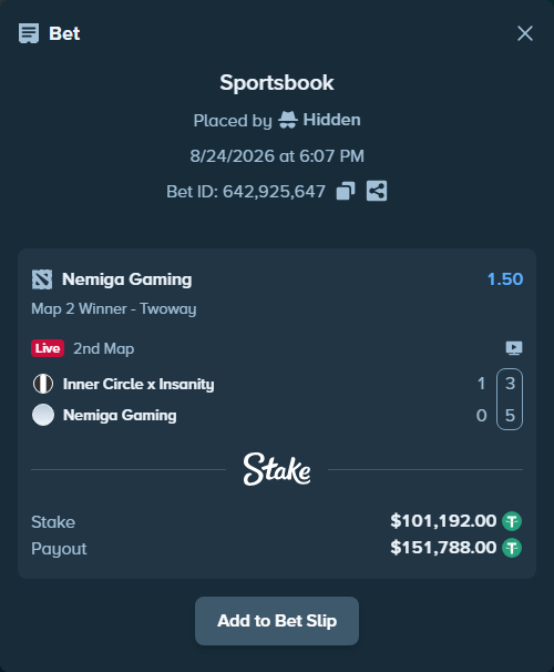 Bet slip: Inner Circle x Insanity - Nemiga Gaming, $101,192.00 stake at 1.50 odds, placed by Hidden