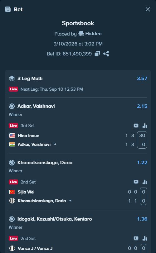 Bet slip: Inoue, Hina - Adkar, Vaishnavi, $10,000.00 stake at 2.15 odds, placed by Hidden