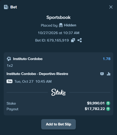 Bet slip: Instituto Cordoba - Deportivo Riestra AFBC, $10,000.00 stake at 1.78 odds, placed by Agus1033