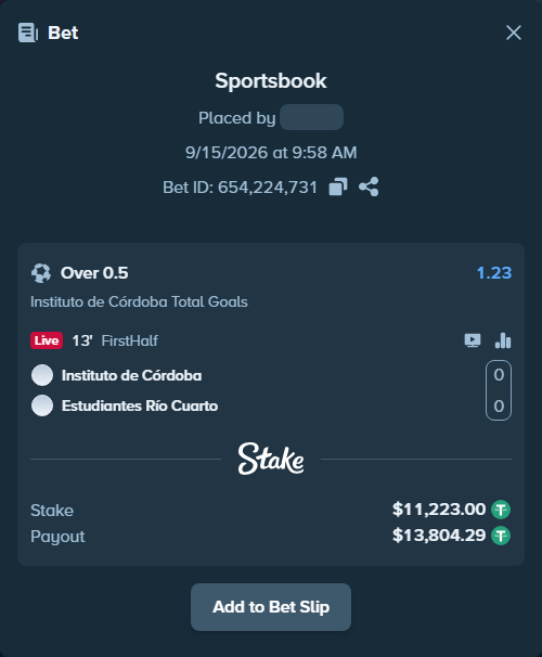 Bet slip: Instituto Cordoba - Estudiantes Rio Cuarto, $11,223.00 stake at 1.23 odds, placed by SH7N28