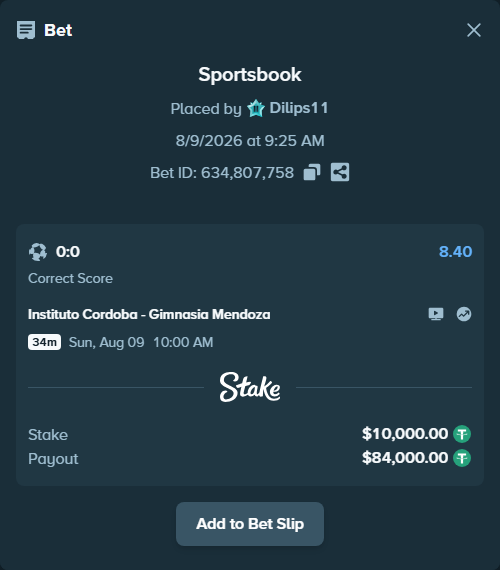 Bet slip: Instituto Cordoba - Gimnasia Mendoza, $10,010.00 stake at 8.40 odds, placed by Dilips11