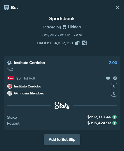 Bet slip: Instituto Cordoba - Gimnasia Mendoza, $197,910.17 stake at 2.00 odds, placed by Hidden