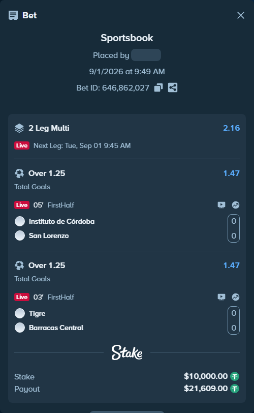 Bet slip: Instituto Cordoba - San Lorenzo, $10,000.00 stake at 1.47 odds, placed by Agus1033