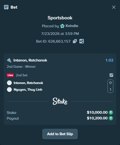 Bet slip: Intanon, Ratchanok - Nguyen, Thuy Linh, $10,010.00 stake at 1.02 odds, placed by Kvindie